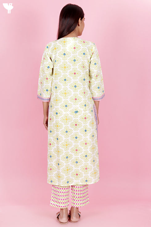 Cambric Cotton Kurta Pant Set With Kota Dupatta In Block Print